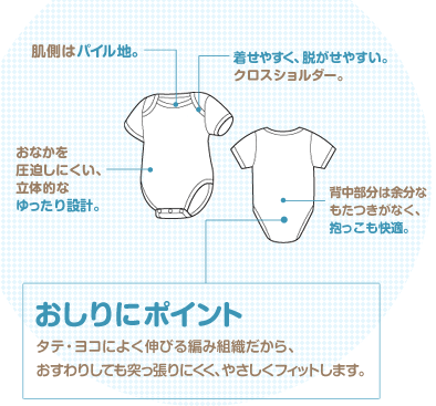 おしりにポイント タテ・ヨコによく伸びる編み組織だから、おすわりしても突っ張りにくく、やさしくフィットします。