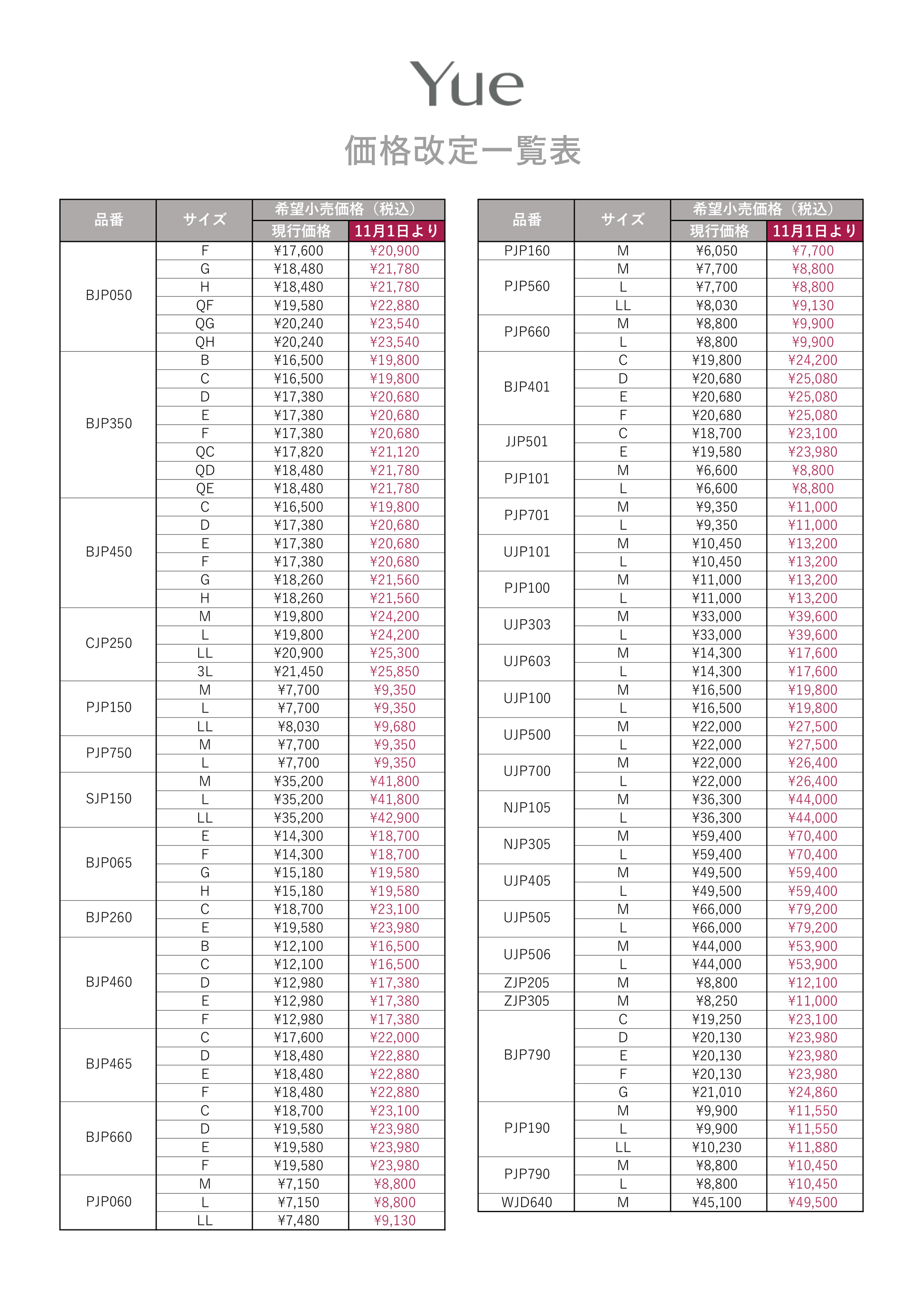 Yue_価格改定一覧表