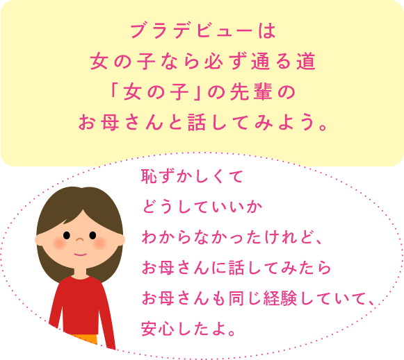 適切な時期に最適なブラ選びがこれからの成長のためにも大切です。「たしかに最初が肝心だわ。サイズが合っていないとつけ心地は悪いし、ブラに対するいいイメージをもてなくなりそう。」