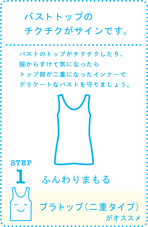 バストトップのチクチクがサインです。「バストのトップがチクチクしたり、服からすけて気になったらトップ部が二重になったインナーでデリケートなバストを守りましょう。」ふんわりまもる、ブラトップ（二重タイプ）がオススメ