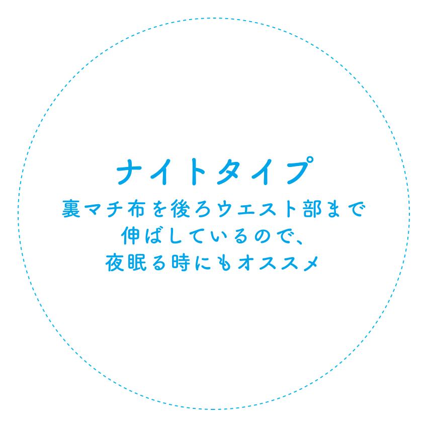 ナイトタイプ 裏マチ布を後ろウエスト部までのばしているので、夜眠るときにもオススメ