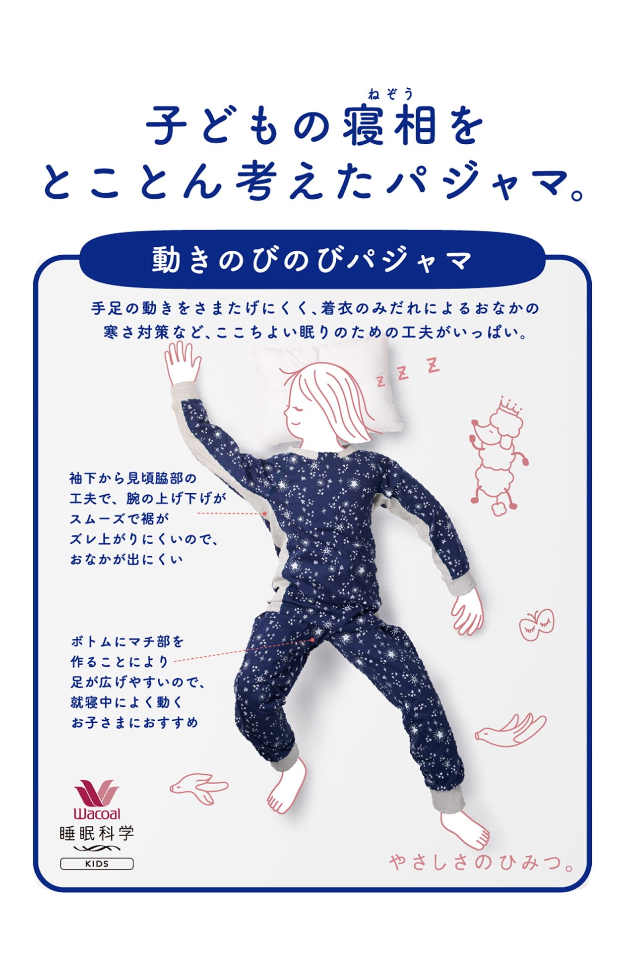 寝相対策パジャマ。通気性がよく、すばやい吸汗速乾機能を持つ生地と脇にはメッシュテープを用いています。やさしさのひみつ。