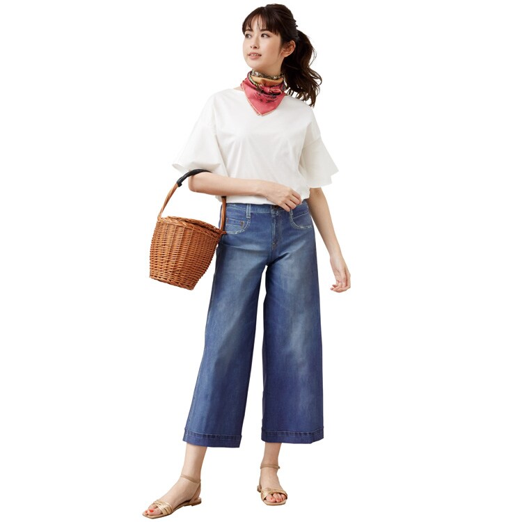 ワコールカルソン デニムプリント ナイロンハイストレッチ ワイドクロップト